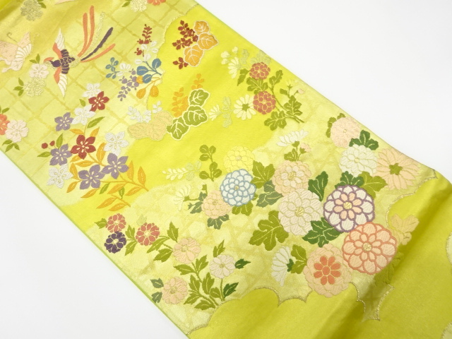 アンティーク　逆雲取りに花鳥模様織り出し袋帯（材料）